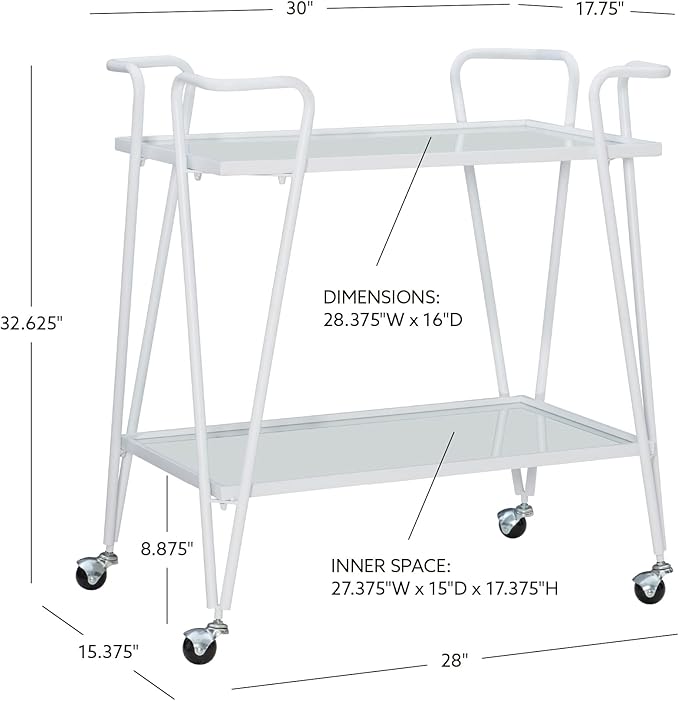 Gina White Mid-Century Bar Cart with Mirrored Shelves and Locking Wheels by Linon