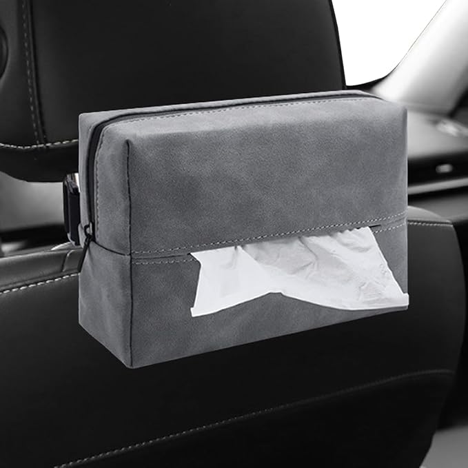 Car Tissue Holder, Rectangular Tissues Box Cover, Back Seat Tissue Dispenser for Tissues, Car Napkin Holder with Elastic Band, Fits for Storage & Organizer (Grey)