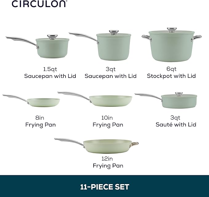 Circulon Halo with LaserDefense Ceramic Nonstick Cookware Set, 11-Piece Pots and Pans Set, Sage