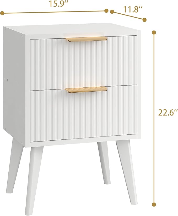 Fluted Nightstand with 2 Drawers,Modern Bedside Table with Metal Handles,Side Table with Solid Wood Legs,End Table for Living Room,Bedroom,Small Spcae 11.8" D x 16" W x 22.4" H White CTG55W