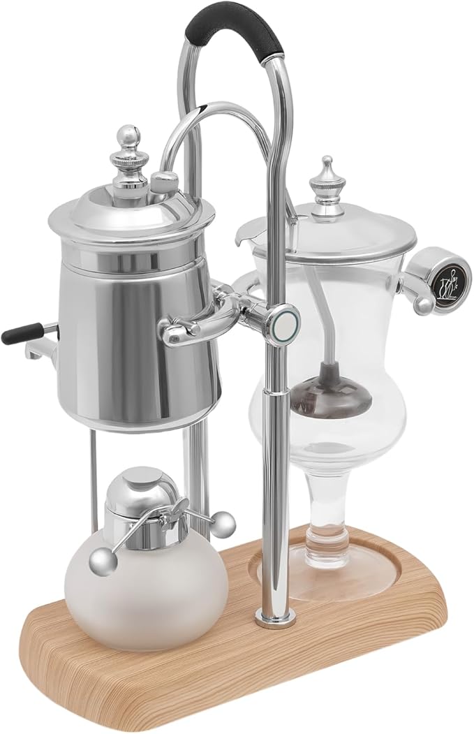 Belgian Balance Siphon Coffee Maker 500ml, Vintage Vacuum Brewing System with Alcohol Burner, Retro Design for Home or Cafe Use (Silver)