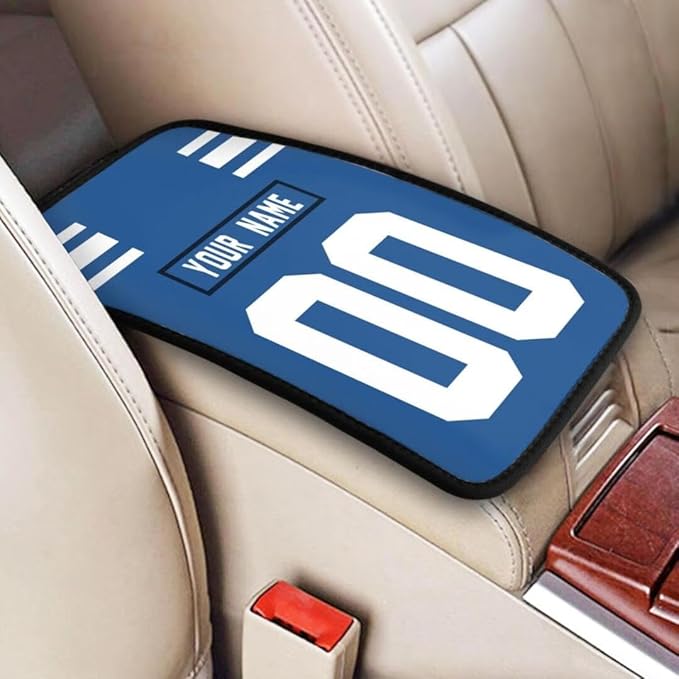 Custom Car Armrest Cover,Add Personalized Name and Number As Gifts for Loyal Football Fans,American Football Auto Center Console Pad Car handrail Box Cushion,Fit for Most Car Seat Box Cover Protector