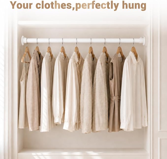 Closet Rod Adjustable 17 to 53 Inch, 1-1/4” Diameter, Closet Rods for Hanging Clothes, Stepless Metal Heavy Duty Hanging Rod for Closet Wardrobes Laundry RV (White)