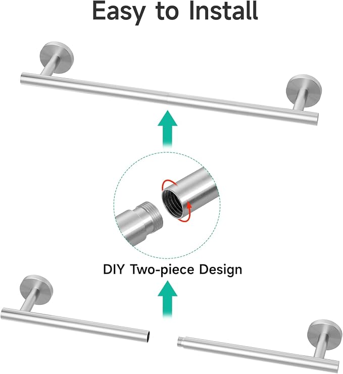USHOWER 2-Pack Brushed Nickel Towel Bar, 24-Inch Towel Racks for Bathroom Wall-Mounted, SUS304 Stainless Steel Towel Rod (Total Length 26-Inch)