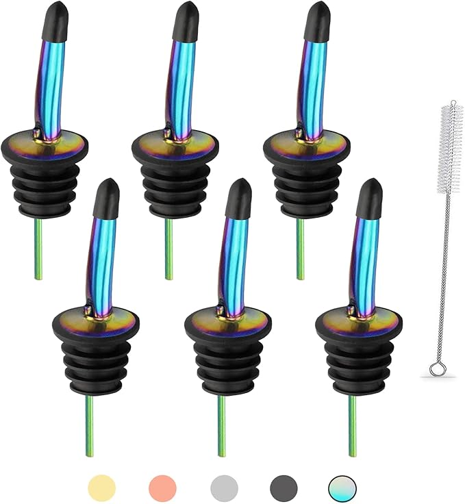 WAFJAMF 6 Pcs Liquor Pour Spouts Set, Stainless Steel Liquor Bottle Pourers with Rubber Dust Caps, for Pours Liquid, Olive Oil, Wine, Vinegar（Rainbow）