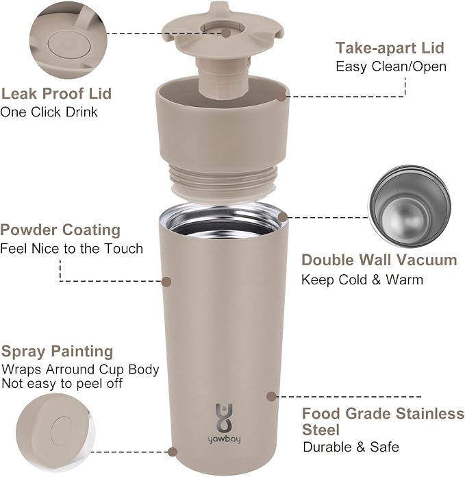 Travel Coffee Mug with 360°Lid, Travel Coffee Tumbler 12 oz Leak Proof, Stainless Steel Insulated Travel Mugs for Hot and Cold Spill Proof Leak Proof(Taupe)