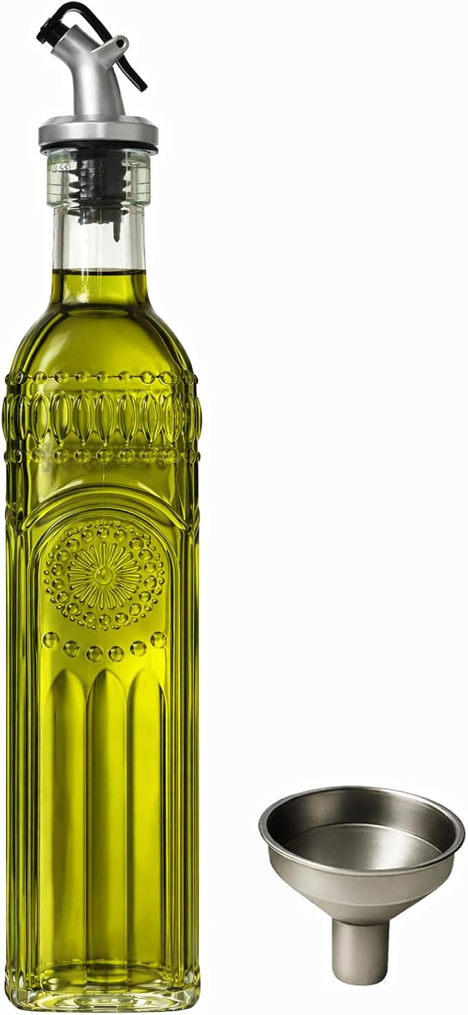 WERTIOO Olive Oil Dispenser Bottle for Kitchen,17oz Clear Glass Cooking Olive Oil and Vinegar Dispenser with Funnel, Delicately Engraved Glass Bottles for Kitchen