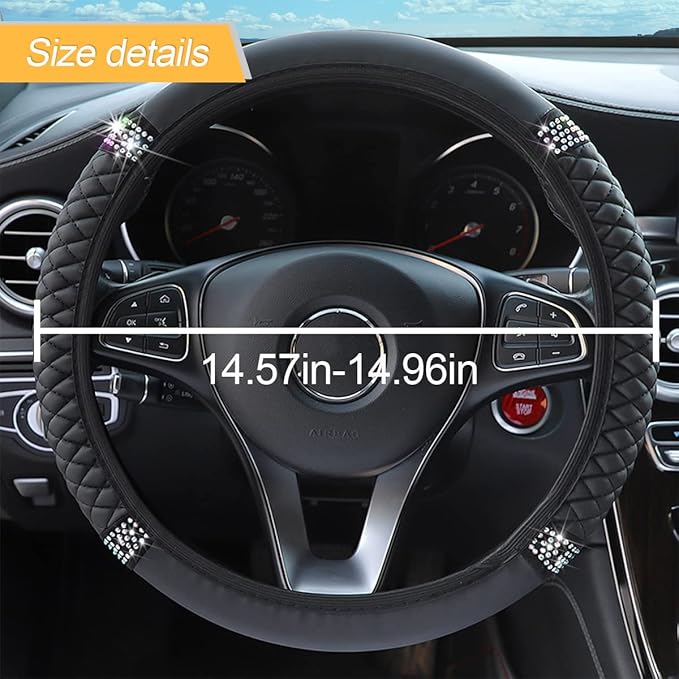 Bling Soft Leather Steering Wheel Cover, 15 Inch Colorful Rhinestones Auto Elastic Steering Wheel Protector, Sparkly Crystal Diamond for Women Girls, Car Accessories for Most Cars (Black)