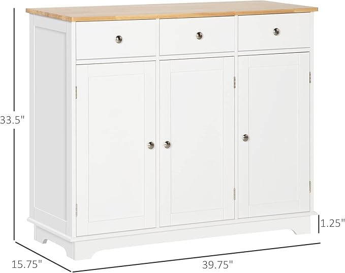 HOMCOM Sideboard Buffet Cabinet with Solid Wood Countertop, Modern Kitchen Storage Cabinet, Coffee Bar Cabinet with 3 Drawers, Doors and Adjustable Shelf, White