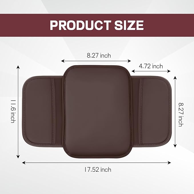 wuyaoyao Car Center Console Cover, Leather Memory Foam Armrest Cover Cushion with 2 Storage Bags, Universal Car Armrest Seat Box Pad Car Interior Accessories Protector for Most Vehicle (Brown)