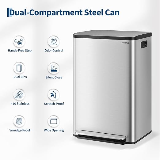 13 Gallon Trash Can Kitchen Garbage Bin with Removable Inner Buckets 50L Stainless Steel Step-on Metal Large Waste Cans with Soft Close Lid Silver