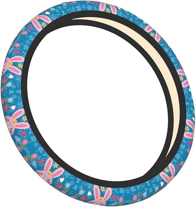 Neoprene Steering Wheel Cover Easter Bunny Yellow Blue Floral Chick Car Steering Wheel Cover Universal Fit for Most Cars