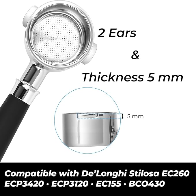 51mm Bottomless Portafilter 2 Ears Fits for Delonghi ECP3420, EC155, BCO430, EC260, and ECP3120, Includes Puck Screen, Double Shot Filter Basket