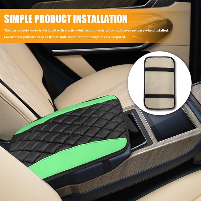 Car Center Console Cover, Leather Waterproof Armrest Seat Box Cushion Pad, Universal Decor Protector Mat, Comfortable Car Decor Accessories Fit for Most Cars, Vehicles, SUVs (Green)