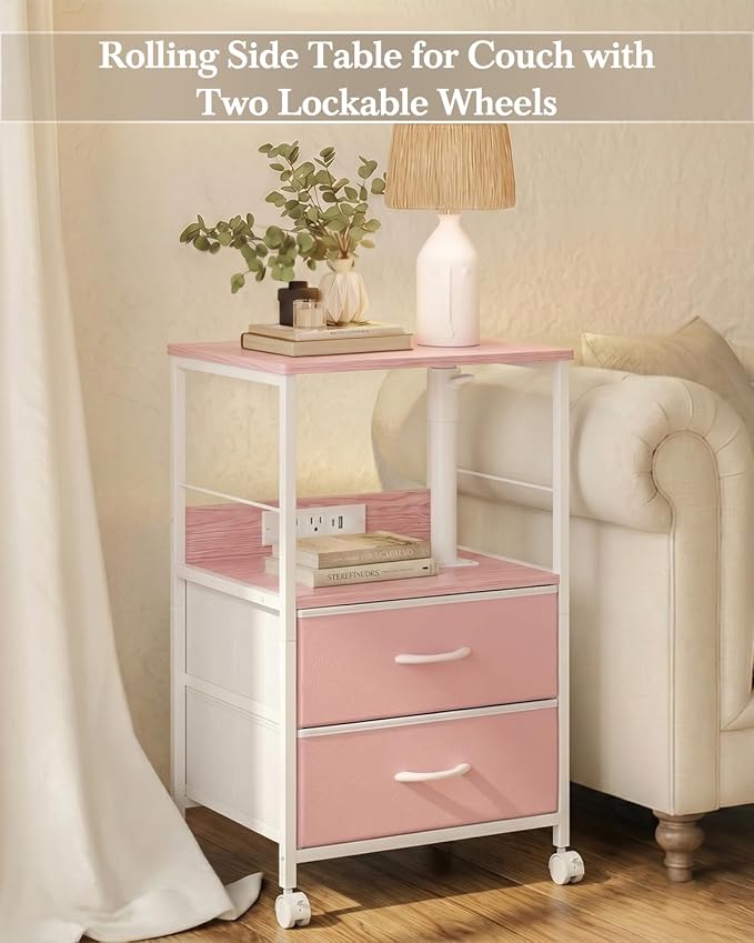 Faesun Swivel Lift Top Nightstand with Charging Station, Rolling Side Table for Recliner, Bedside Table with Wheels & 2 Fabric Drawers, for Small Spaces, for Bedroom, Living Room, Pink
