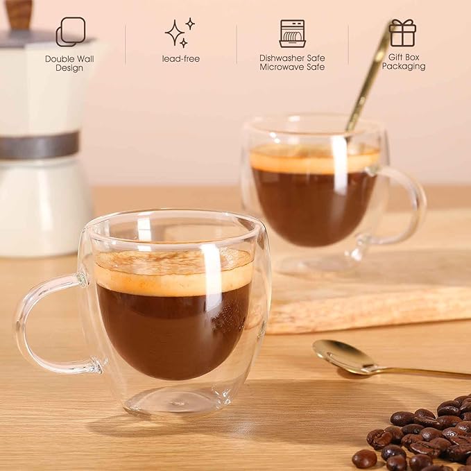 Espresso Cups Set Of 2,Double Wall 5OZ Hand Blown Espresso Shots Glass,Espresso Coffee Mugs In Gift Box,Perfect For Espresso,Latte,Cappuccinos,Tea Bag,Juice