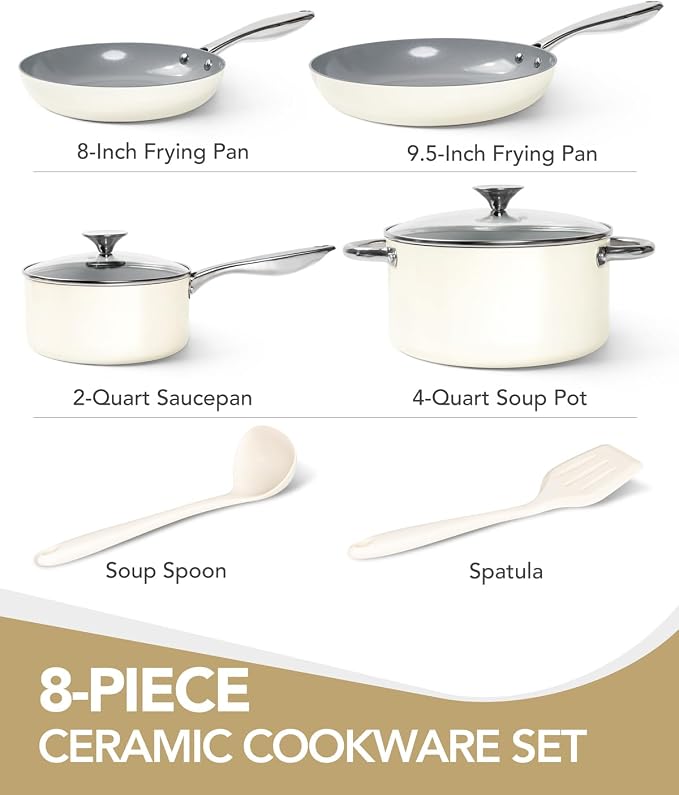 MICHELANGELO Pots and Pans Set Non Stick 8 Piece Ceramic Cookware Set Cream | PFAS-Free Cream Ceramic Nonstick Cookware Set for Eggs, Pancakes, Sauces, Low-Oil Cooking and Induction Ready, Fast Cleanup