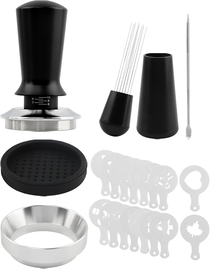 21 PCS Espresso Accessories Kit, Espresso Tamper Set with 51mm Coffee Tamper, WDT Tool, Tamper Mat, Dosing Funnel, Coffee Stencils, Latte Art Pen, Barista Tools, Espresso-Accessories(COLOR:Black)