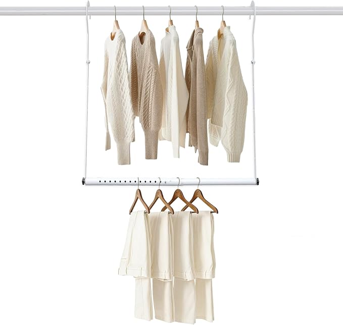 Hanging Closet Rod Extenders, Adjustable Width and Height Closet Extender Hanging Rod, Space-Saving Closet Hanging Rod, Heavy Duty Closet Bar for Hanging Clothes, 1 Pack White