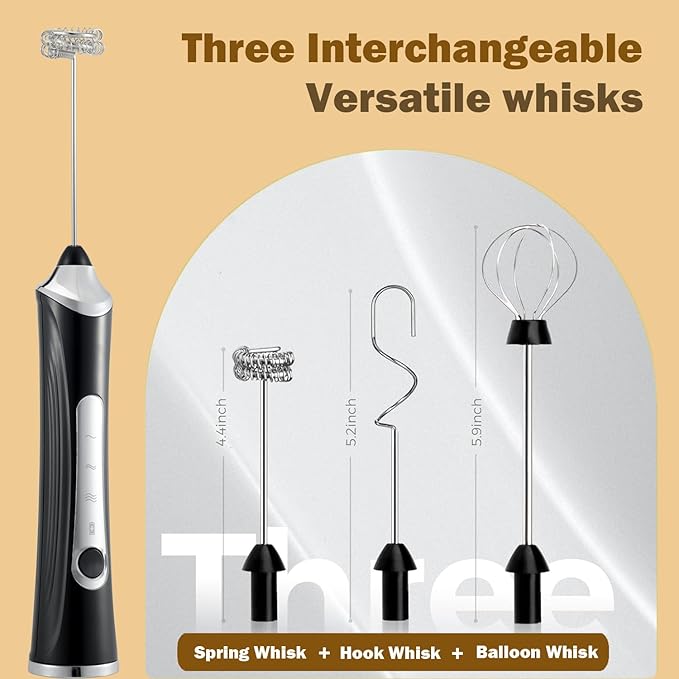 Handheld Electric Milk Frother with 3 Heads, Coffee Whisk Foam Mixer with USB Rechargeable 3 Speeds, Foam Maker Blender for Latte, Cappuccino, Hot Chocolate, Egg, Powders (Black with 3 Heads)