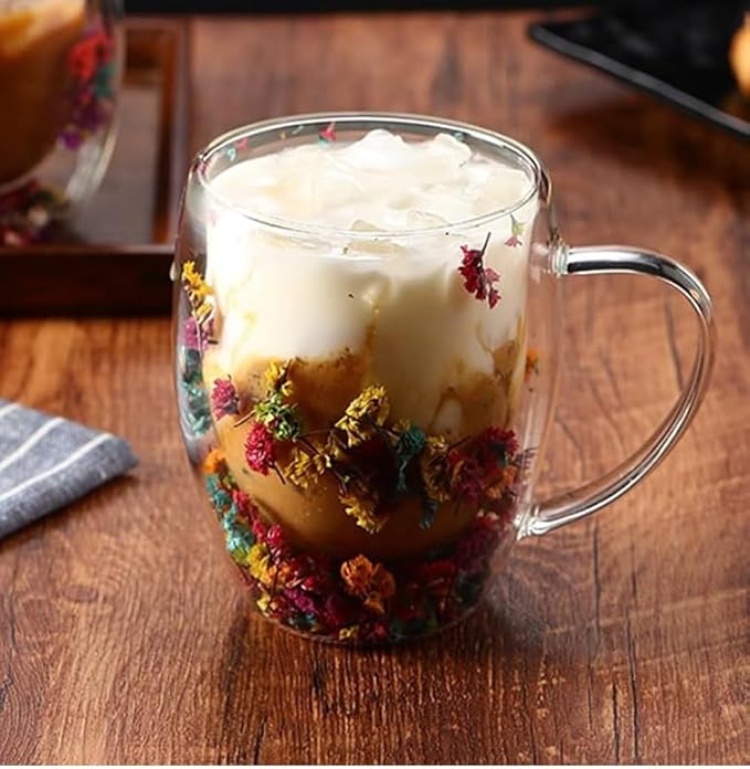 Leilanis Double Wall Glass Coffee Mug, Floral Design, Transparent Cup with Autumn Flowers (style 1)