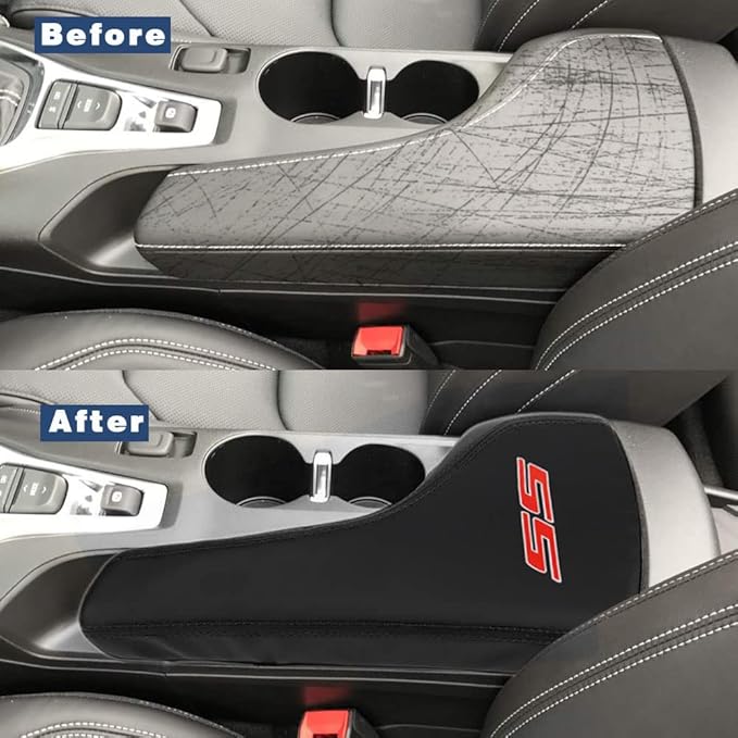 BOYOUS Armrest Cover Center Console Pad Full Protection Console Leather Arm Rest Interior Accessories Fit for Chevrolet Camaro 2016-2024-Black Stitches