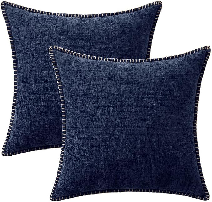 MIULEE Pack of 2 Couch Throw Pillow Covers 16x16 Inch Navy Blue Farmhouse Decorative Pillow Covers with Stitched Edge Soft Chenille Solid Dyed Pillow Covers for Sofa Bed Living Room
