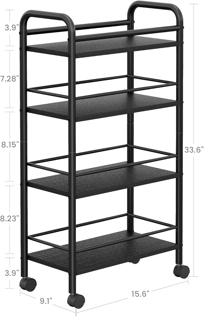Slim Storage Cart, 4-Tier Small Rolling Cart with Wheels, 9.1" Deep, Narrow Bathroom Shelf Trolley for Kitchen, Bathroom, Laundry Room, Black Large 4-Tier (9.1" W x 33.6" H)