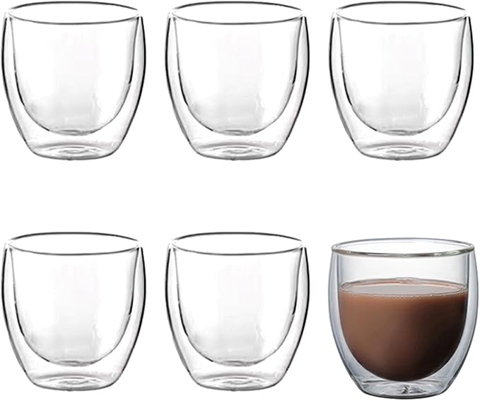 Double Wall Expresso Cups (Set of 6), 3 Ounce Glass Coffee Mugs, Small Insulated Clear Espresso Shot Glasses Cups for Cappuccino Latte Tea, Gift for Chrismas, Brithday