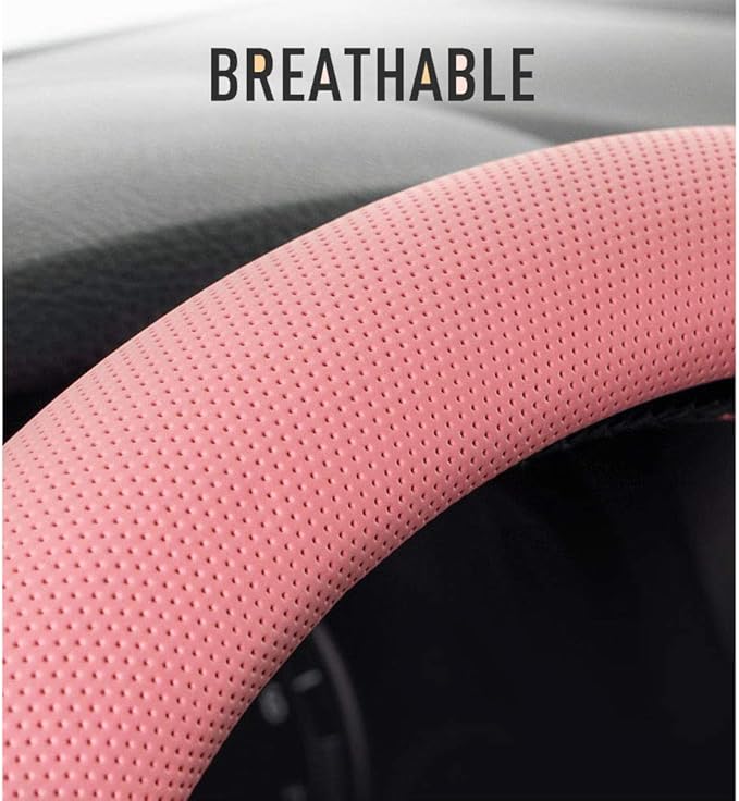 Universal Leather Car Steering Wheel Cover Colorful Steering Wheel Cover Cute Women 15 Inch Steering Wheel Protector (Black)