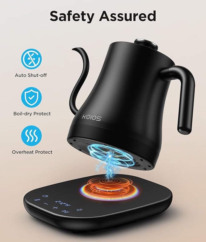 KOIOS Gooseneck Electric Kettle with ±1℉ Temperature Control & Mute Mode, 0.8L Pour Over Kettle for Coffee & Tea, 1200W Quick Heating Stainless Steel Water Boiler with 4Hrs Keep Warm, Matt Black