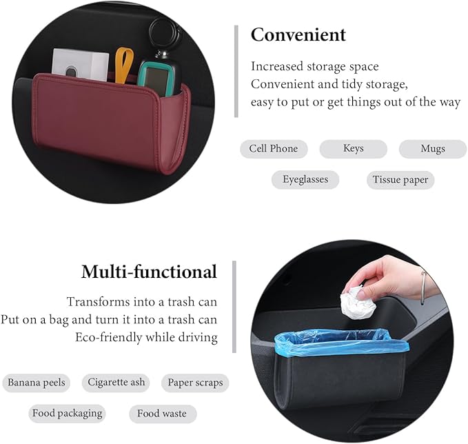 Car Trash Can, Foldable Leather Hanging Trash Bag, Multi-Function Mini Storage Box Garbage Can for Car, Wine Red