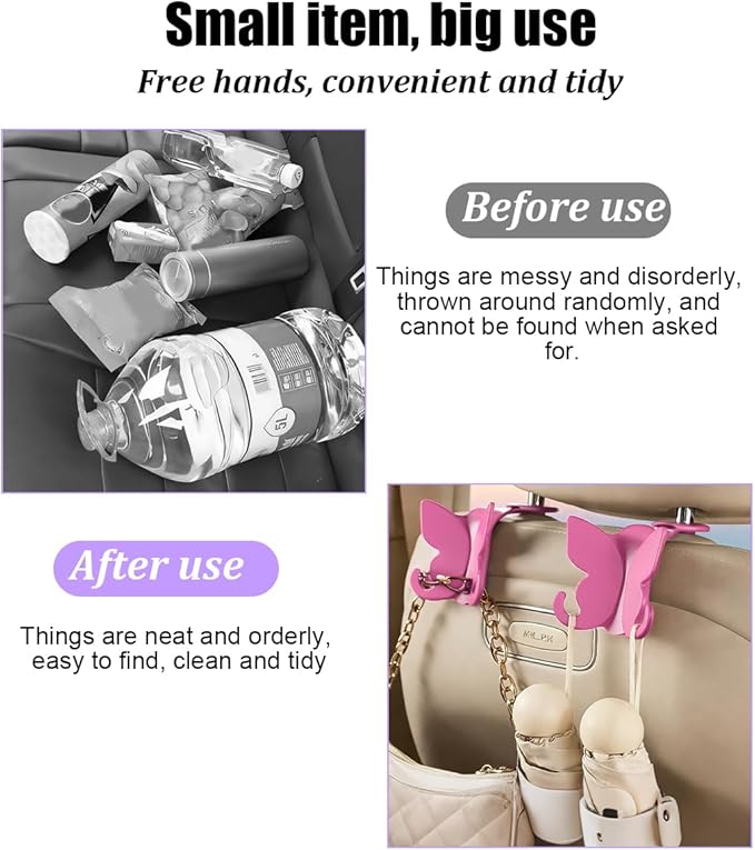 2PCS Car Seat Headrest Hook, Cute Butterfly Backseat Storage Hanger Organizer for Purse Handbag Umbrella, Auto Interior Seat Back Hook Holder Decor, Universal for SUV Truck Van (Rose Red)