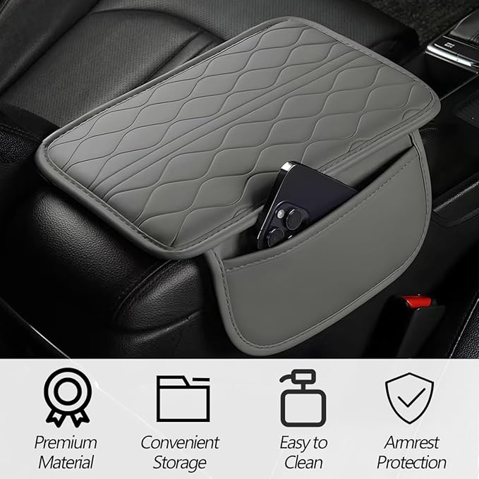 HZEL Car Center Console Cover, Scratch & Wear Resistant Soft Leather Vehicle Armrest Seat Box Cushion Pad with 2 Storage Bag, Waterproof Automotive Interior Protector, Universal Fit (Gray)