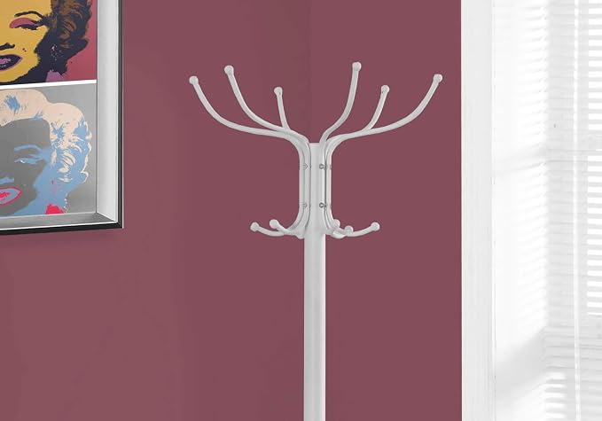 Monarch Specialties I 2030 Coat Rack, Hall Tree, Free Standing, 12 Hooks, Entryway, 70" H, Umbrella Holder, Bedroom, Metal, White, Contemporary, Modern