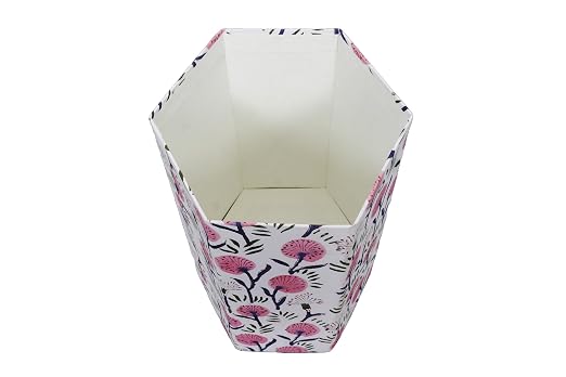 3.3 Gallon Cotton Hand Block Printed Paper Waste Basket |Small Decorative Trash Can for Housewarming Gifts in Living Room, Bedroom, Bathroom | Eco-Friendly, Plastic-Free (1, White Pink FLOWAR)