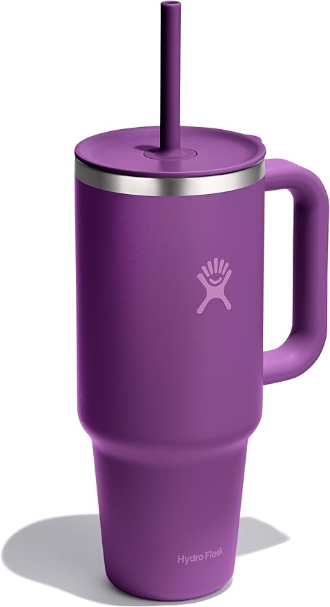 Hydro Flask Travel Tumbler with Handle, Lid and Straw - Insulated Stainless Steel in 40 Oz Beachplum Purple