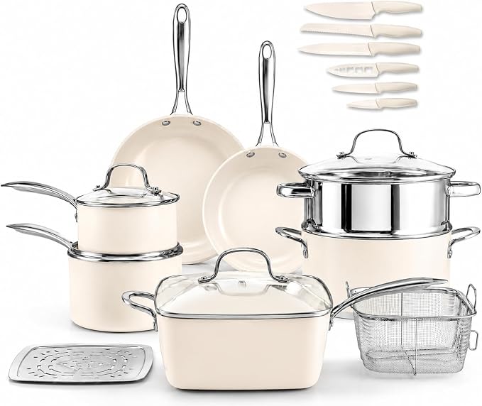 Gotham Steel 20pcs Pots and Pans Set Non Stick Ceramic Cookware Set with Deep Frying Pan Set & 6pc Knife Set, Made without PFOA PFOS, Lasts 2x Longer, Oven & Dishwasher Safe