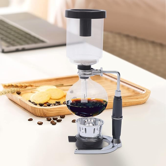 3-Cup Siphon Coffee Maker, Japanese Style Glass Vacuum Pot with Alcohol Burner, 360ml Tabletop Brewer for Premium Coffee & Tea, Transparent Brewing Experience-Black