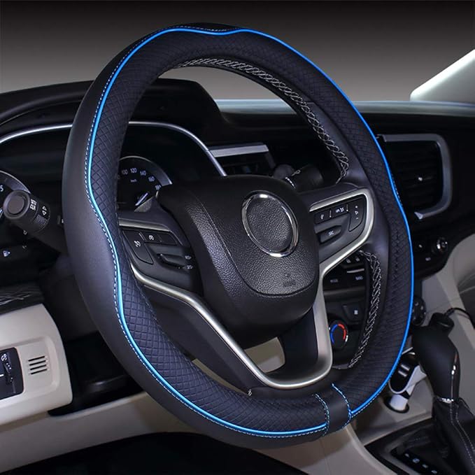 Mayco Bell Small Size Steering Wheel Cover Anti-Slip,Safety,Soft,Breathable,Durable,Full Surround,Comfortable Grip Microfiber Leather (14-14.25 inch,Black Blue)