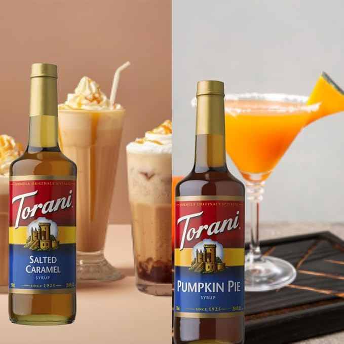 Jimoco Syrup Pump & Torani Syrup Bundle - Brown Sugar Cinnamon, Hazelnut Classic, Pumpkin Pie, Peppermint, Salted Caramel, & Toasted Marshmalow - For Italian Soda Coffee, Lattes, Frappes With 6 Pump Dispensers