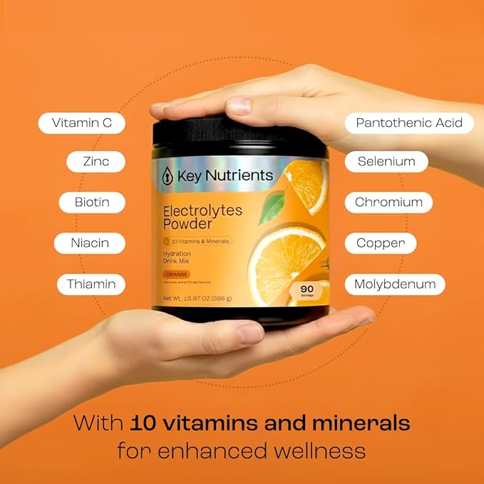 KEY NUTRIENTS Multivitamin Electrolytes Powder No Sugar - Tangy Orange Electrolyte Powder - Endurance & Energy Supplement - Hydration Powder - No Calories - 90 Servings - Made in USA