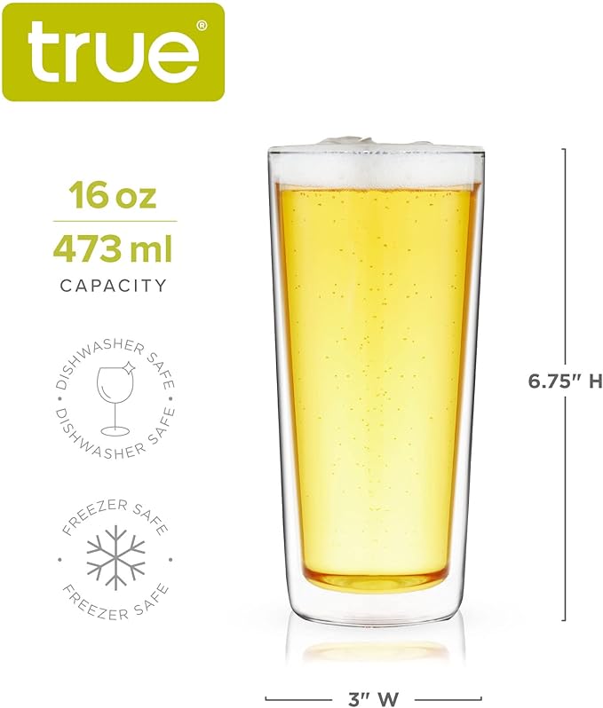 True Double Walled Beer Glasses, Pint Glasses for Beers, Water, Iced Coffee, Cocktails, Game Night, Beer Gifts for Men, BBQ Outdoor Party, Home Bar Accessories, Kitchen Glassware, 16 oz, Set of 2