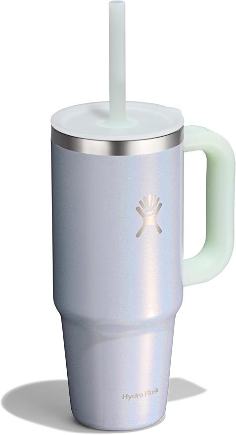Hydro Flask Travel Tumbler with Handle, Lid and Straw - Insulated Stainless Steel in 24 Oz Glimmer Blue