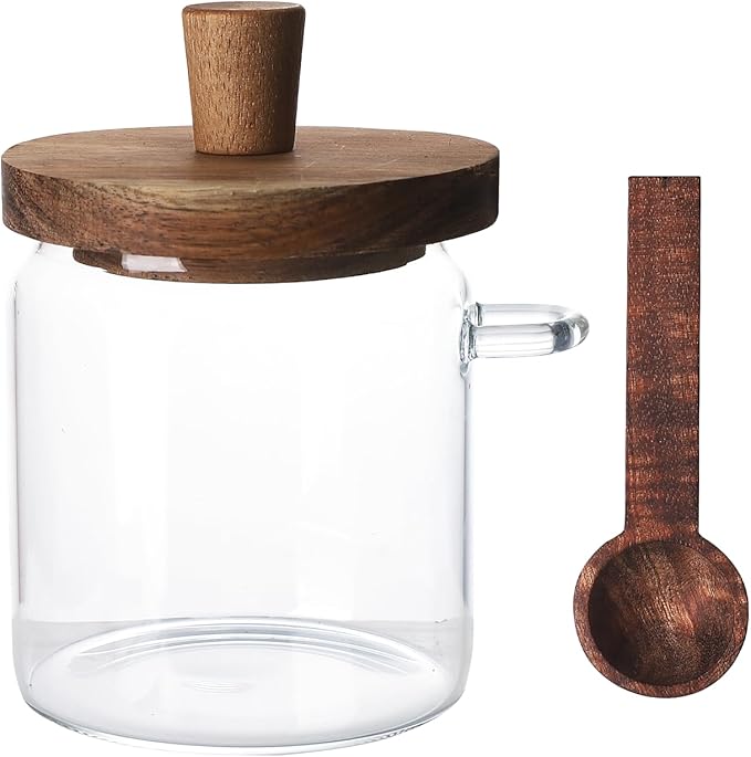 Glass Coffee Bean Storage Container, Wood Lid with Spoon, Airtight Silicone Seal, BPA-Free (500ML/16.91OZ)