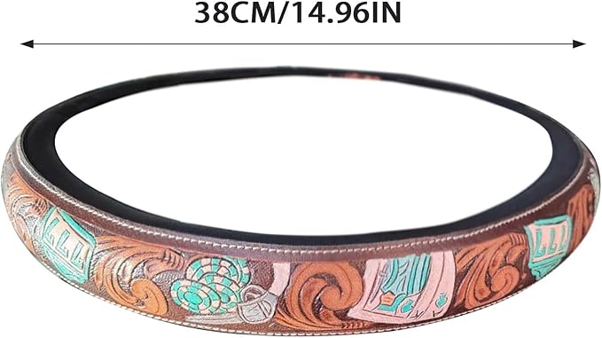 Retro Western Cowboy Car Universal Steering Wheel Cover, Embossed Handcrafted Tooled Leather Western,Anti Slip, Auto Interiors Accessories,Breathable for Trucks SUVs Cars (C)