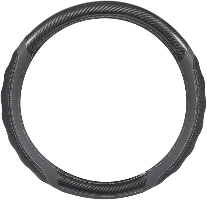 Motor Trend UltraSport Gray Carbon Fiber Steering Wheel Cover, Standard 15 inch Size, Black Faux Leather Comfort Grip, Car Steering Wheel Cover for Auto Truck Van SUV