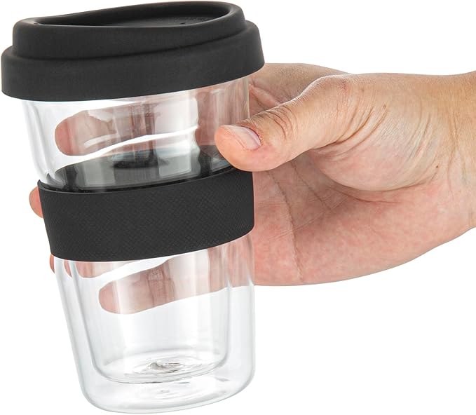 Restaurantware - Forma Professional 13.5 Ounce Insulated Travel Mugs, 10 Double Wall Coffee Mugs - Includes Lids And Sleeves, Reusable, Clear Borosilicate Glass Tumblers, Dishwashable, Microwavable