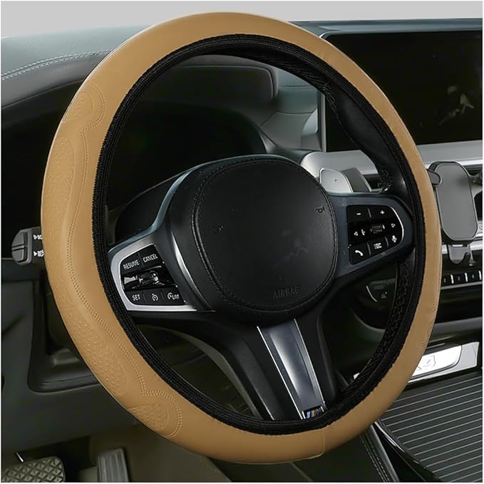 Car Steering Wheel Cover, 15 Inch Leather Soft Elastic Stretch Anti Slip Auto Steering Wheel Wrap Guard, Breathable Vehicle Interior Accessories, Universal for SUV RV Truck (Beige)