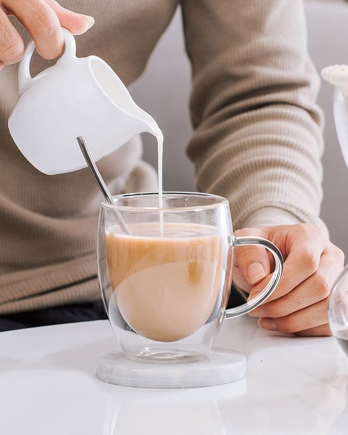 LIBWYS 12oz Double Walled Coffee Cups Glasses Mugs, Espresso Cappuccino Latte Tea Cups with Handle 350ml (2x350ml)